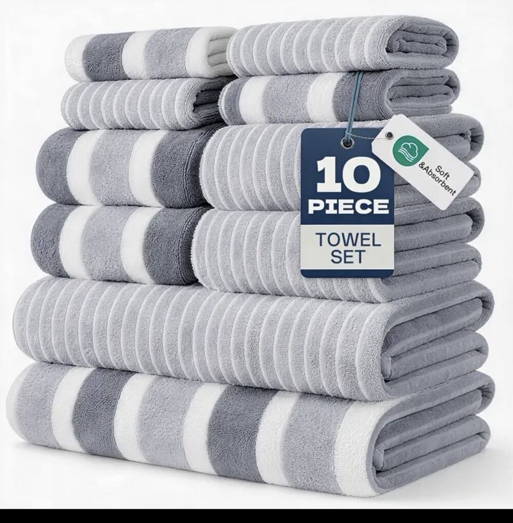 10 Piece Super Absorbent Towel Set 2 Bath 4 Hand and 4 Washcloths New In Package - Picture 1 of 8